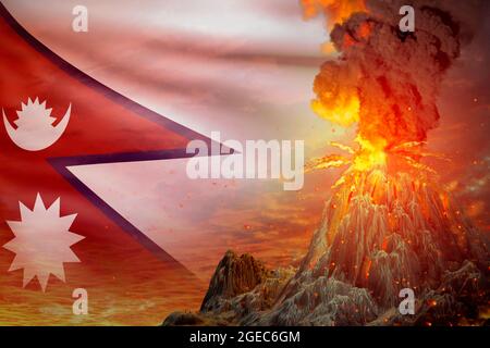Eruzione di giorno dello stratovulcano con esplosione sullo sfondo della bandiera nepalese, problemi a causa di un disastro naturale e cenere vulcanica concettuale 3D malato Foto Stock