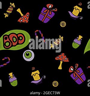 Vettore senza giunture Doodle Halloween pattern colorful cartoon clipart, simboli Illustrazione Vettoriale