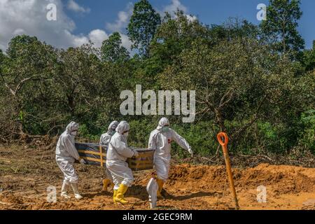 Kendari, Indonesia. 18 agosto 2021. (NOTA PER I REDATTORI: Immagine della morte) gli operatori sanitari vestiti con tute protettive portano una bara di una vittima di Covid-19 per la sepoltura. Il processo funerario per i pazienti di Covid-19 con protocolli sanitari è effettuato da operatori sanitari ospedalieri a Kendari. Sebbene il numero di pazienti trattati con COVID-19 sia in diminuzione, il tasso di mortalità è costante ogni giorno. Credit: SOPA Images Limited/Alamy Live News Foto Stock