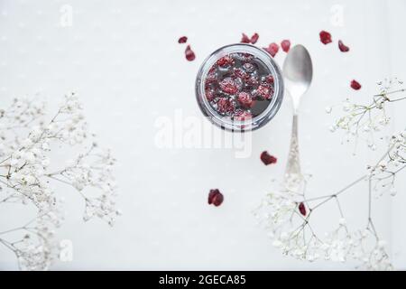 Prodotto di miele fermentato con mirtillo rosso. Prodotto sano, sostenibile, da latto-fermentazione con batteri. Mead su lieviti naturali. Cibi salutari tradizionali Foto Stock