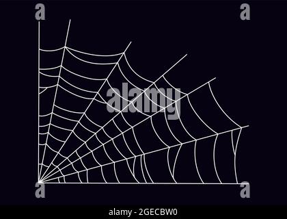 Spaventoso ragno web in un angolo. Silhouette cobweb bianca isolata su sfondo nero. Maglia di ragno disegnata a mano per la festa di Halloween. Illustrazione vettoriale Illustrazione Vettoriale
