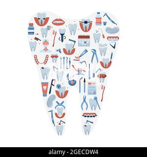 Illustrazione vettoriale di icone odontoiatriche piatte a forma di dente Illustrazione Vettoriale
