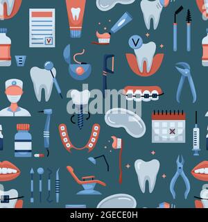 Pattern vettoriale senza giunture con icone odontoiatriche. Sfondo dentale Illustrazione Vettoriale