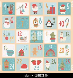 Calendario dell'avvento. Poster di Natale. Numeri xmas. Allegro divertente lettering forme geometriche concetto festivo calendario numeri vettore recente Illustrazione Vettoriale