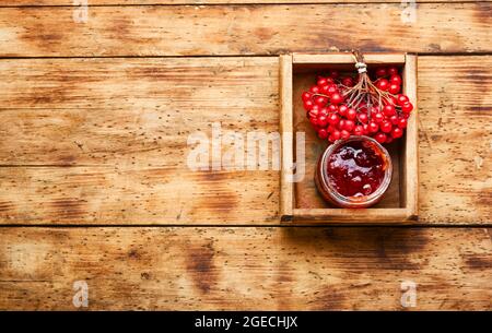 Vasetto di vetro con marmellata e frutti di bosco freschi di viburno Foto Stock