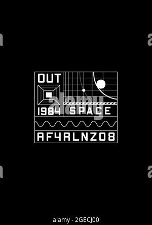 Space 1984 t-shirt e design di abbigliamento con gli elementi di design dell'estetica spaziale degli anni '80, griglie con pianeti e orbite. Interfaccia retrofuturistica. Nero Illustrazione Vettoriale