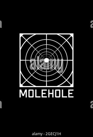 T-shirt con foro a forma di talpa e design dell'abbigliamento. Tunnel a reticolo prospettico con luce alla fine. Illustrazione dell'estetica degli anni '80. Stampa in bianco e nero Illustrazione Vettoriale