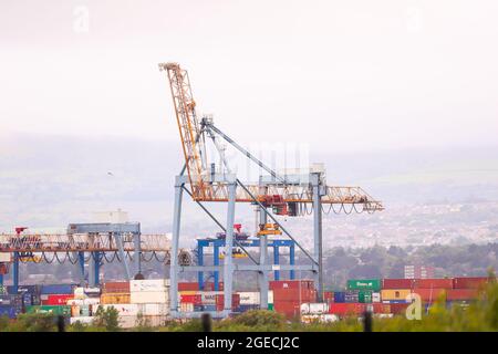 Belfast Container Terminal presso il porto di Belfast, Irlanda del Nord. Il porto gestisce la percentuale più elevata di importazioni ed esportazioni del paese. Foto Stock