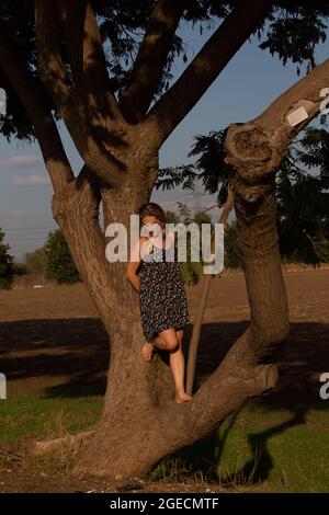 Giovane donna bionda sta proteggendo una donna albero Foto Stock