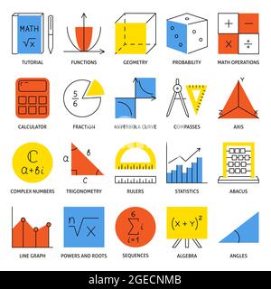 Icona della scienza matematica impostata in stile linea. Raccolta di simboli matematici. Illustrazione vettoriale. Illustrazione Vettoriale