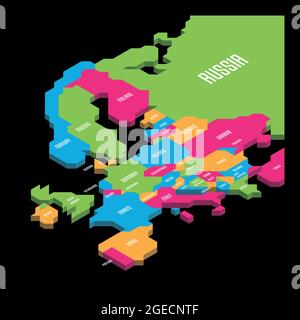 Mappa politica isometrica dell'Europa. Terra colorata con etichette di paese su sfondo bianco. Illustrazione vettoriale 3D Illustrazione Vettoriale