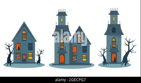 Casa spaventosa infestata e finestre rotte, Halloween horror casa set. Illustrazione vettoriale in stile piatto Illustrazione Vettoriale