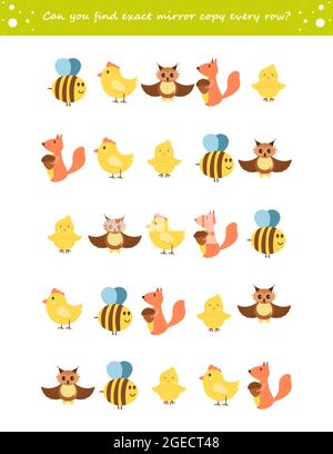 Puzzle visivo di addestramento IQ. Abbina le coppie - trova la copia speculare esatta per ogni riga. Illustrazione vettoriale. Illustrazione Vettoriale