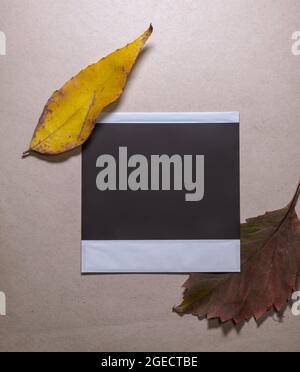 Cornice fotografica vuota con foglie autunnali su sfondo marrone come modello per la grafica Foto Stock
