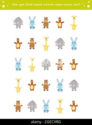 Puzzle visivo di addestramento IQ. Abbina le coppie - trova la copia speculare esatta per ogni riga. Illustrazione vettoriale. Illustrazione Vettoriale