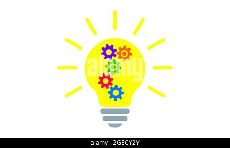 Icona lampadina piatta. Lampada elettrica di illuminazione con ruote dentate e ruote dentate multicolore all'interno e raggi, semplice pittogramma. Elemento grafico vettoriale. C Illustrazione Vettoriale