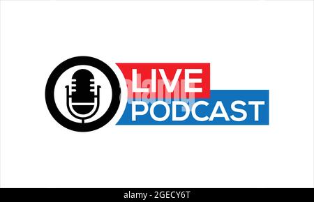 Logo e simboli podcast live, icone con il logo del microfono studio disegno vettoriale Illustrazione Vettoriale