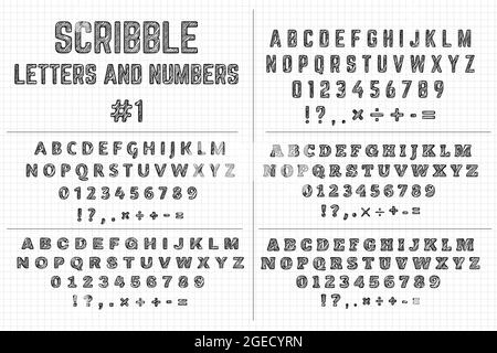 Scrivere lettere e numeri. Cinque set di lettere decorative di alfabeti e segni di punteggiatura. Alfabeti inglesi stilizzati. Illustrazione Vettoriale