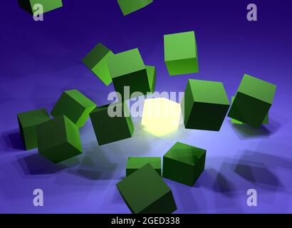 Rendering 3D di cubi verdi che fluttuano intorno a un singolo cubo bianco luminoso su sfondo blu Foto Stock