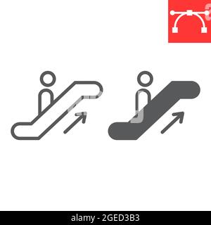 Icona della scala mobile e del glifo, informazioni e aeroporto, icona del vettore uomo su scala mobile, grafica vettoriale, segno del contorno del tratto modificabile, eps 10. Illustrazione Vettoriale