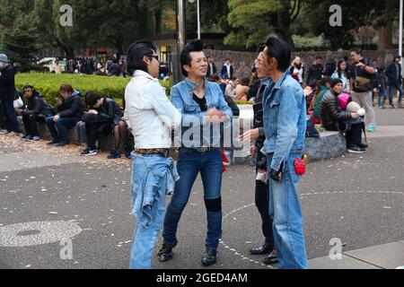 TOKYO, GIAPPONE - 4 DICEMBRE 2016: I tifosi Rockabilly visitano il Parco Yoyogi a Tokyo. Gli appassionati di cultura Rockabilly si incontrano di solito la domenica nel parco Yoyogi. Foto Stock