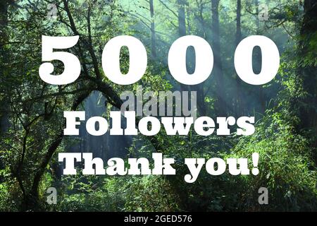 5000 follower. La pietra miliare dei social media. Grazie firma. Foto Stock