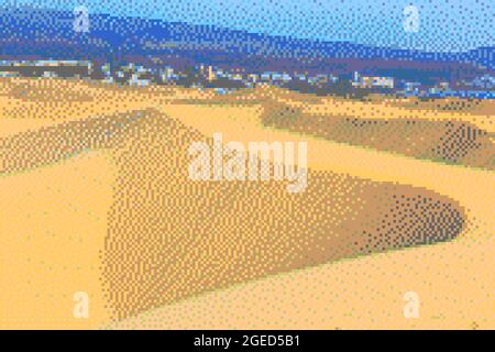 Grafica pixel ART a 8 bit. Paesaggio desertico di Gran Canaria. Foto Stock