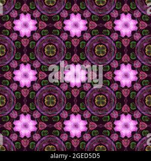 Disegno di superficie floreale geometrico lineare astratto e colorato che si ripete simmetricamente. Utilizzare per il design della moda, la decorazione domestica, sfondi, stampe. Foto Stock