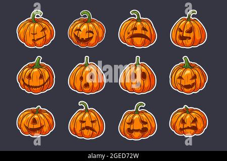 Halloween Stickers Set di Pumpkins spaventose con volti. Collezione di illustrazioni lanterna del jack della zucca per biglietti d'auguri di festa d'autunno, inviti, disegno del pacchetto, decorazione. Vettore Premium Illustrazione Vettoriale