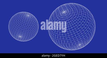 Globi a reticolo o sfere su sfondo blu, visualizzazione del concetto di geografia o navigazione con coordinate di latitudine e longitudine Foto Stock