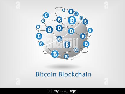 Blockchain alimentato da Bitcoin come concetto per la criptovaluta. Illustrazione vettoriale del globo collegato con simboli bitronin. Illustrazione Vettoriale