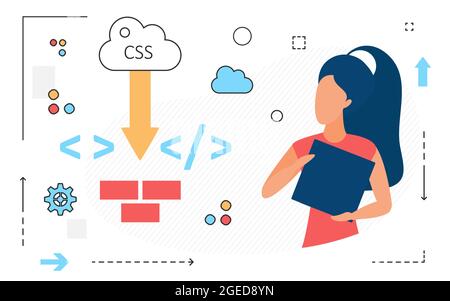 Cloud di dati online, carattere donna e icone della lingua del computer isolati in bianco Illustrazione Vettoriale