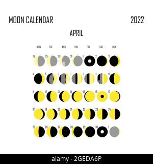 Aprile 2022 Calendario Luna. Progettazione astrologica del calendario. planner. Posizionare gli adesivi. Mokup del pianificatore del ciclo del mese. Sfondo bianco e nero isolato Illustrazione Vettoriale