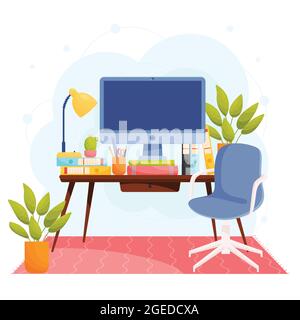 Concetto di ambiente di lavoro per ufficio domestico. Desktop widescreen sul tavolo. Illustrazione vettoriale. Illustrazione Vettoriale