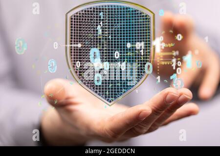 Concetto di Security Shield, protezione dei dati. Schermatura con collegamento a punti e linee Foto Stock