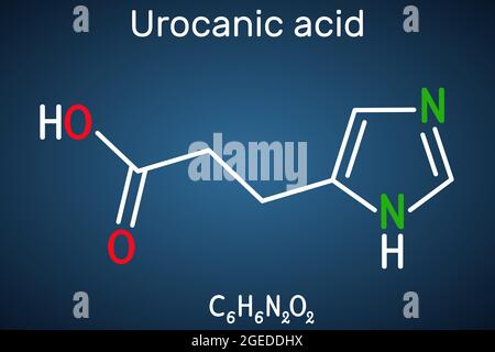 Molecola di acido urocanico. È prodotto intermedio nel metabolismo dell'istidina. Formula chimica strutturale su sfondo blu scuro Illustrazione Vettoriale