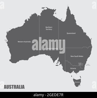 La mappa isolata australiana divisa in stati e territori con etichette Illustrazione Vettoriale