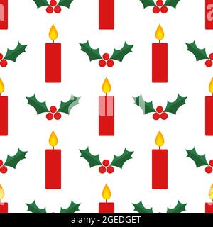 Candele rosse di Natale e foglie agili motivo senza cuciture. Illustrazione vettoriale. Illustrazione Vettoriale