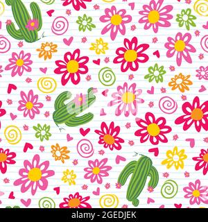 Vettore cute cactus e daisy fiori ripetizione modello senza cuciture. Adatto per tessuti, confezioni regalo e carta da parati. Illustrazione Vettoriale