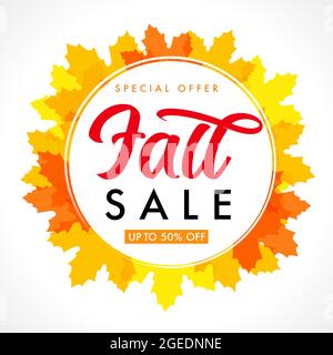 Vendita autunnale, fino al 50% di sconto banner web in foglie di acero arancione cornice su sfondo bianco. Design autunnale per offerte speciali, volantini scontati o promozionali Illustrazione Vettoriale