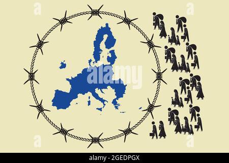 I rifugiati disperati sono scappati dalla guerra alla migrazione in Europa. Diritto umano e concetto di immigrazione. Illustrazione vettoriale Illustrazione Vettoriale