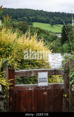 Avviso per cani sul cancello del giardino. Sterlina dei Baskervilles. Foto Stock