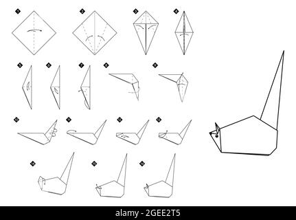 Come fare il ratto origami. Istruzioni fai-da-te per mouse in bianco e nero. Illustrazione vettoriale monocromatica del contorno. Illustrazione Vettoriale