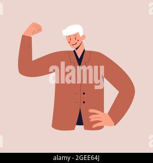 Un uomo sorridente in una tuta da lavoro ha alzato il pugno con fiducia. Illustrazione vettoriale piatta colorata su sfondo isolato. EPS 10. Illustrazione Vettoriale