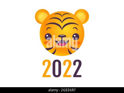 Emblema vettoriale per il nuovo anno del 2022 con testa di tigre. Stampa vintage per t-shirt di tigre kawaii per 2022 anni. Emoji Tiger. Illustrazione Vettoriale