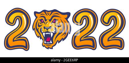 Emblema vettoriale per il nuovo anno del 2022 con testa di tigre. Stampa vintage per t-shirt di tigre arrabbiata per 2022 anni. Illustrazione Vettoriale