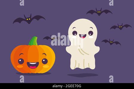 Vettore set illustrazione di bambini in costumi per Halloween. Illustrazioni con i capretti carini nei costumi dei mostri di Halloween. Zucca, fantasma e pipistrelli. Illustrazione Vettoriale