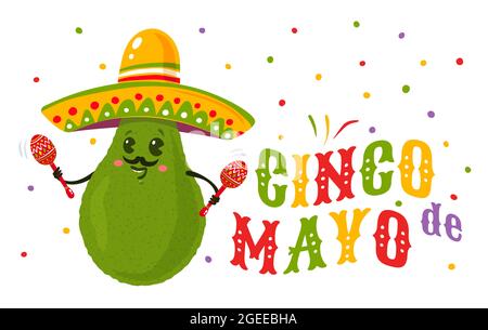 Poster vettoriale per Cinco de mayo con un avocado con sombrero messicano e maracas. Cinco de mayo festivo. Illustrazione vettoriale dell'avocado nel sombrero fo Illustrazione Vettoriale