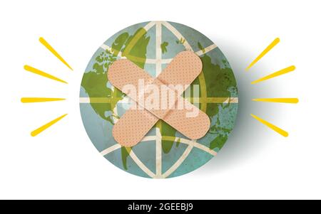 Illustrazione vettoriale del pianeta Terra con intonaco adesivo. Immagine vettoriale vintage del pianeta Terra con banda di aiuto. Illustrazione Vettoriale