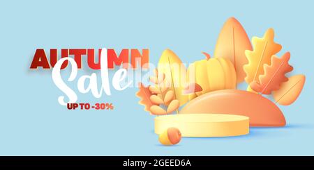 Vendita autunnale sfondo stagionale 3d con foglie autunnali gialle, arancioni e rosse e ghiande con composizione di funghi e podio prodotto. Illustrazione Vettoriale